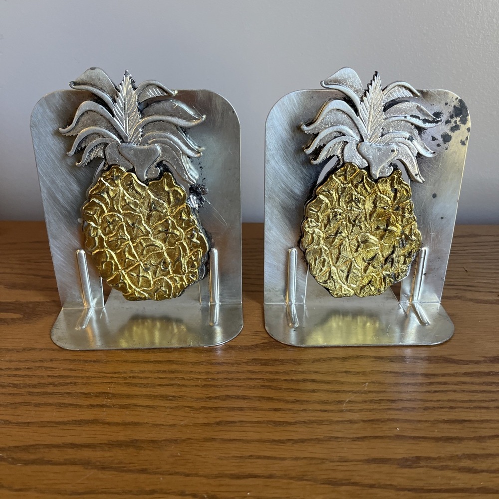 Vintage 1980 Metzke Pineapple Bookends Bronze Pewter‎ Silver Gold MCM